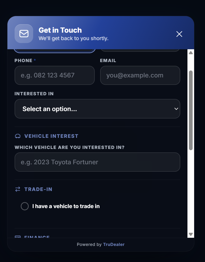 TruDealer website widget — Get in Touch enquiry form with vehicle interest, trade-in and finance