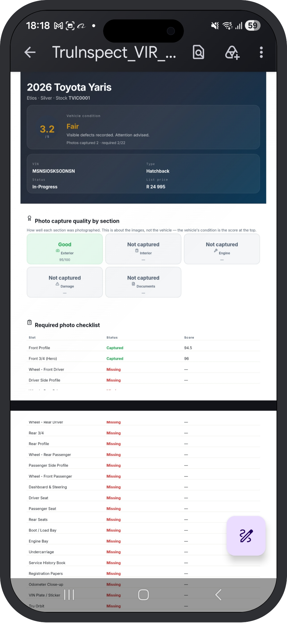 TruInspect vehicle condition report — panel-by-panel grading