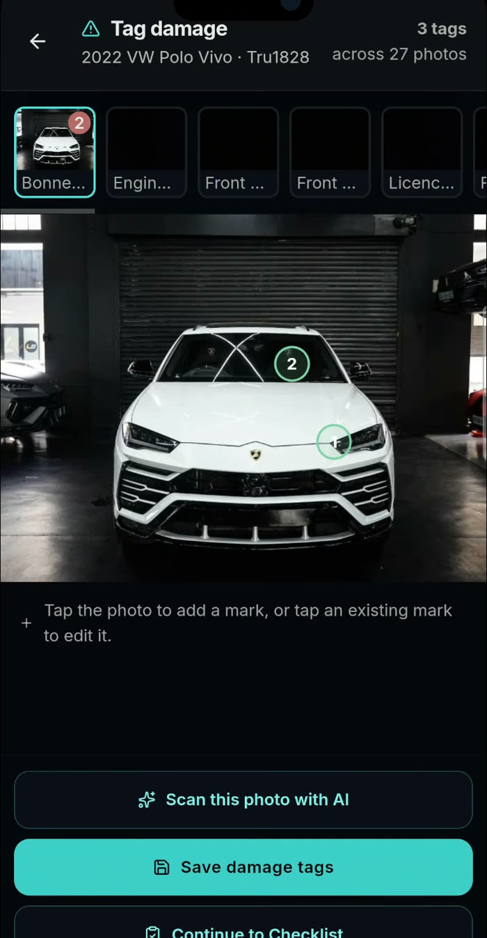 TruLens damage tagging — numbered pins dropped on a vehicle photo
