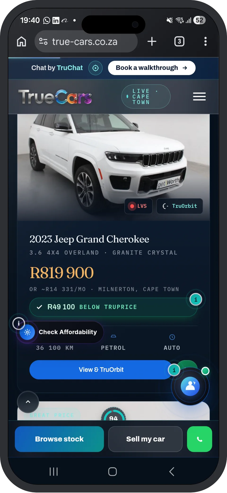 TruShowroom vehicle page — listing with finance calculator