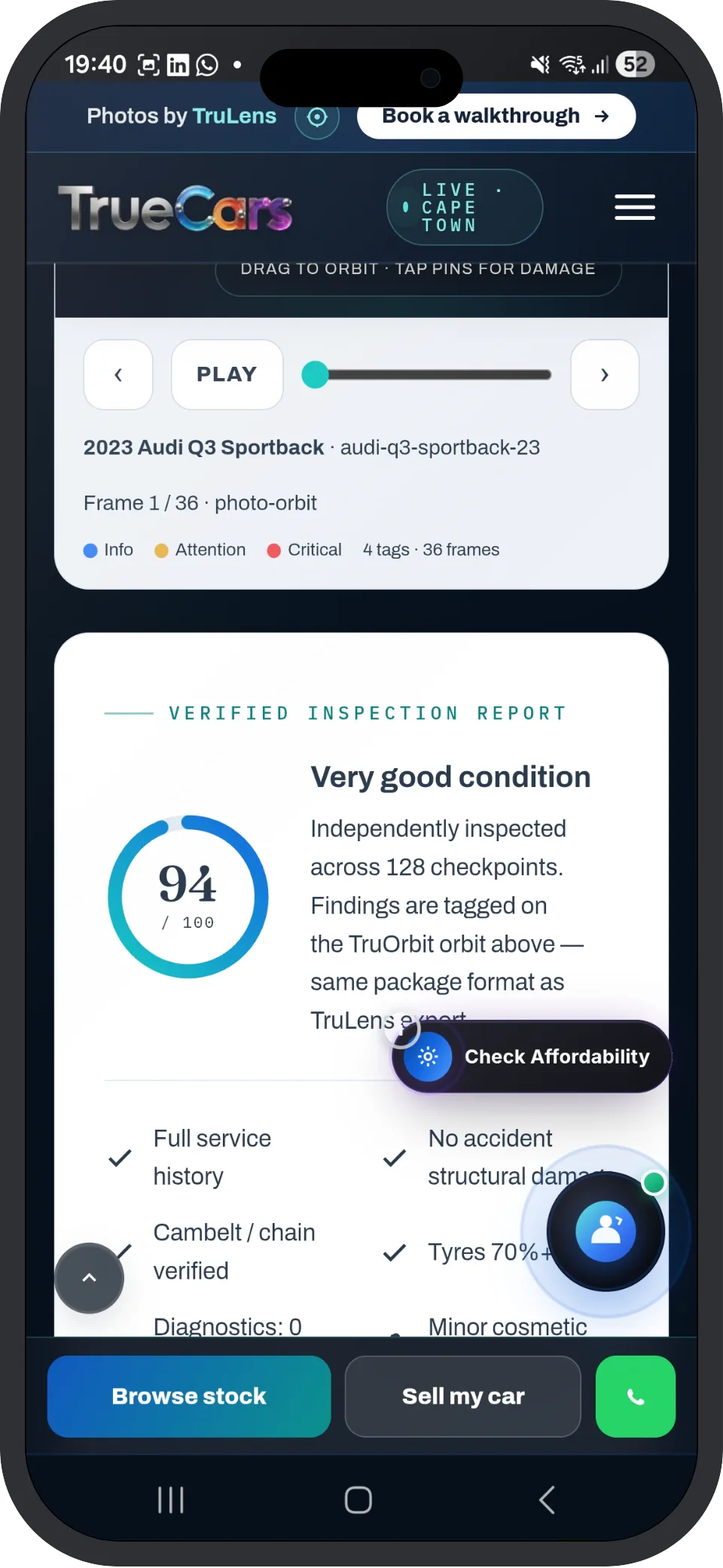 TruShowroom TruOrbit 360 viewer with verified inspection report
